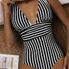 Striped One Piece Swimsuit Vintage Swimwear Women V-neck Bathing Swimming Suit Female Summer Beachwear Bodysuit