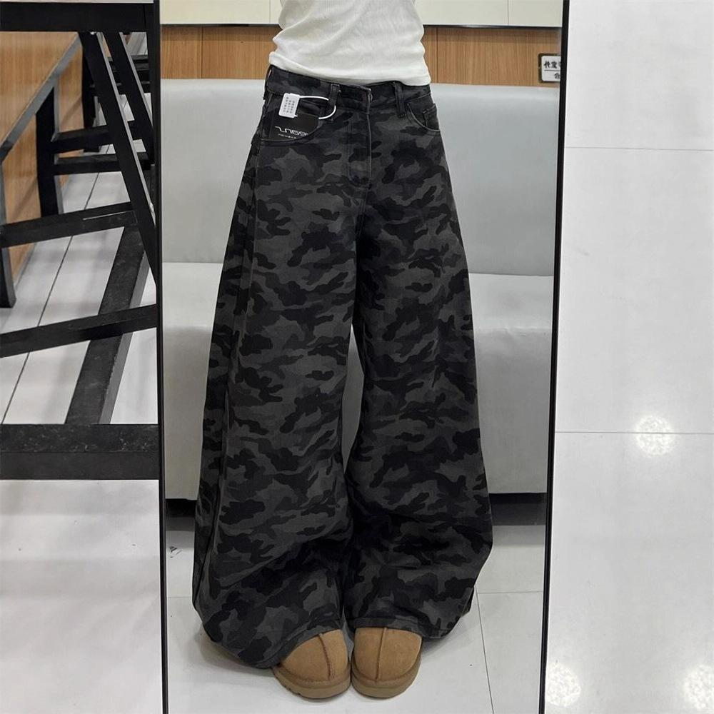 Винтажные Делают Старую Камуфляжную Рабочую Одежду Драпированные Джинсы Модные Удобные Универсальные Женские Нишевые Свободные Брюки Джинсы для Женщин Длинные Джинсовые Брюки