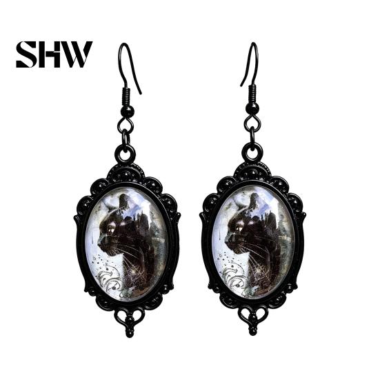 Versatile Dark Style Daily Wear Accessories 1 Pair Halloween Gothic Black Cat Earrings for Women, Vintage Jewelry with Skull Bat Patterns Punk Dangle