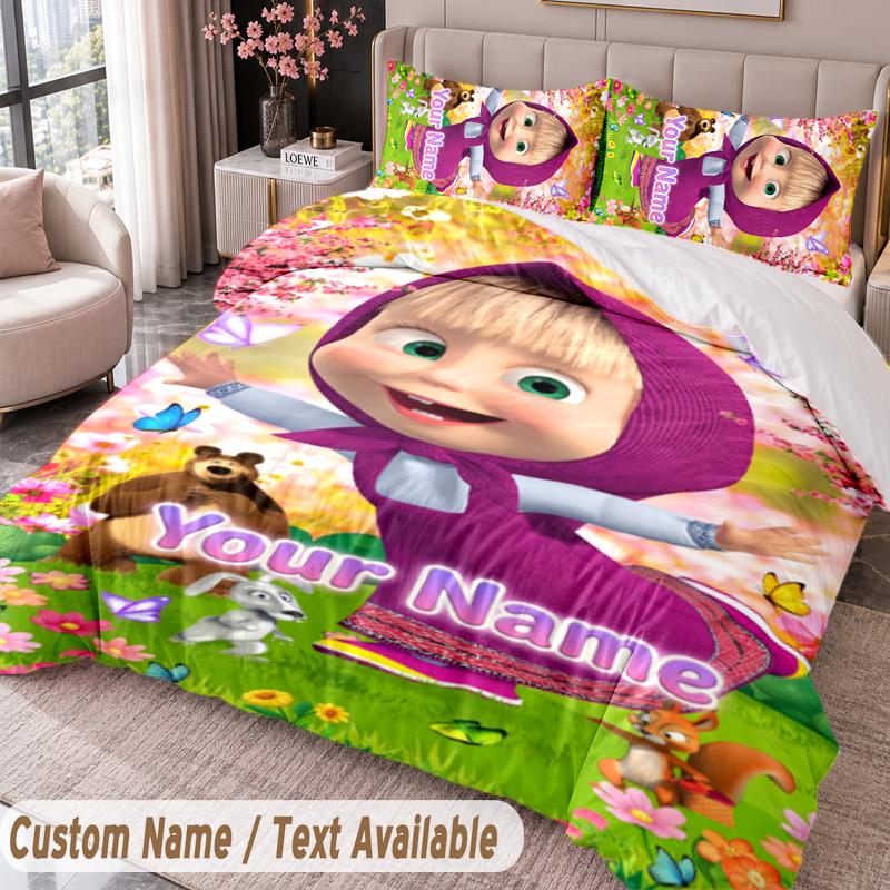Custom Name Text 3Pcs Bedding Set Masha and the Bear Duvet Cover And Two Pillowcases