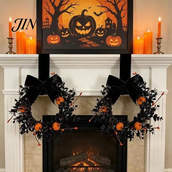 Black Branch Wreath Halloween for Front Door, 9 Inch Pumpkin with Party Decor Velvet Bow Home Porch Holiday Window Wall Fireplace