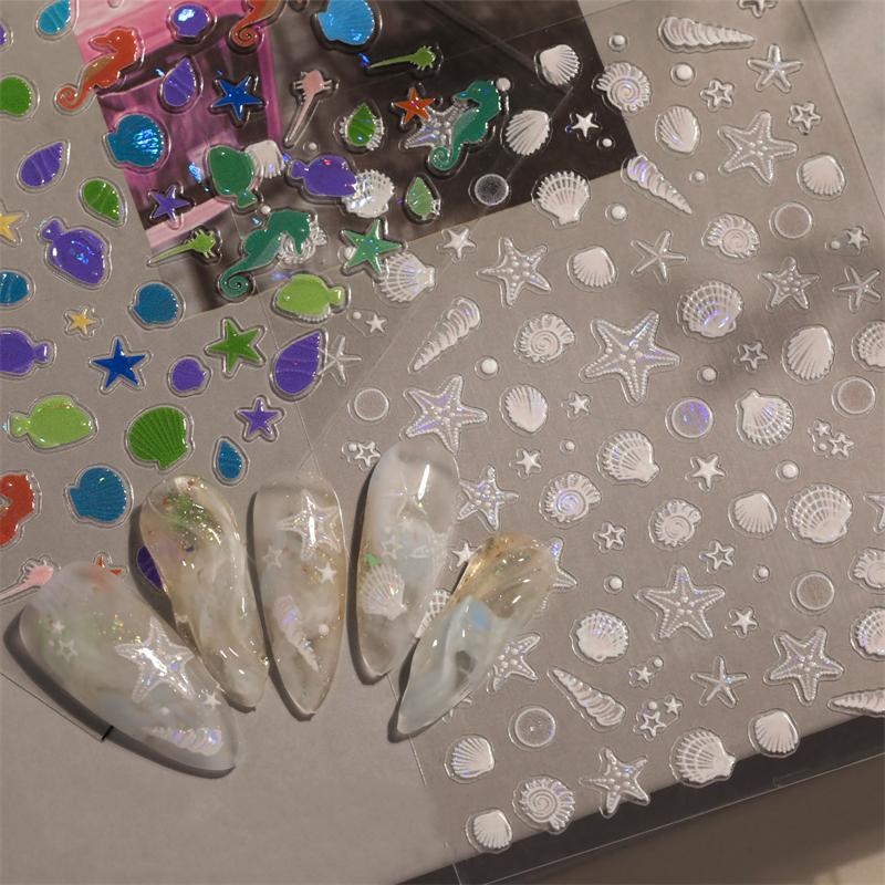 1 лист наклейки для ногтей «Океанская ракушка, медуза», красочная ракушка, раковина, морская звезда, самоклеящаяся наклейка для ногтей, русалка, аврора, пляжная ракушка, слайдер