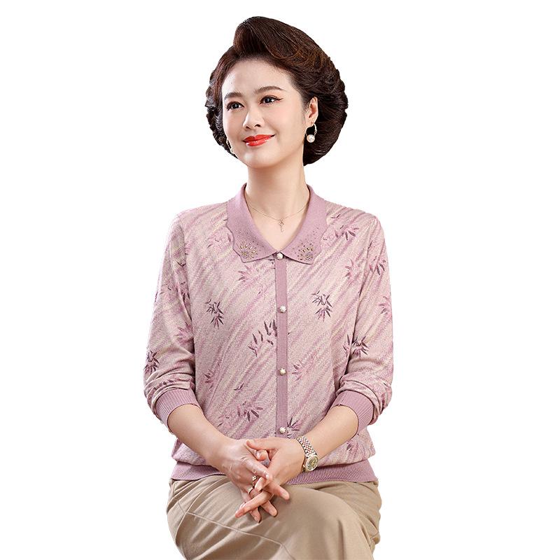 2026 Новая весенне-осенняя футболка с длинным рукавом и отложным воротником для женщин среднего и пожилого возраста
