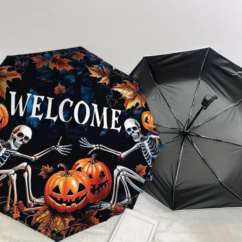 1pc Halloween Skeletons Pumpkins Welcome Sign Umbrella with Plastic Handle,Suitable for All Seasons Home Travel Outdoor UmbrellaDD512