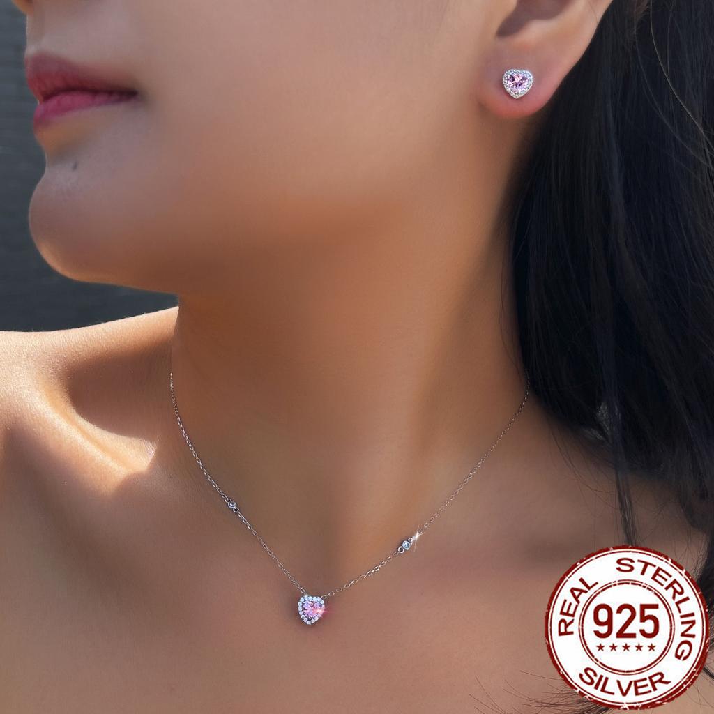 Real 925 Sterling Silver Zircon Love Jewelry Set Rhodium Plated Pink Heart Cut CZ Pendant Necklace Earrings Women Jewelry Set