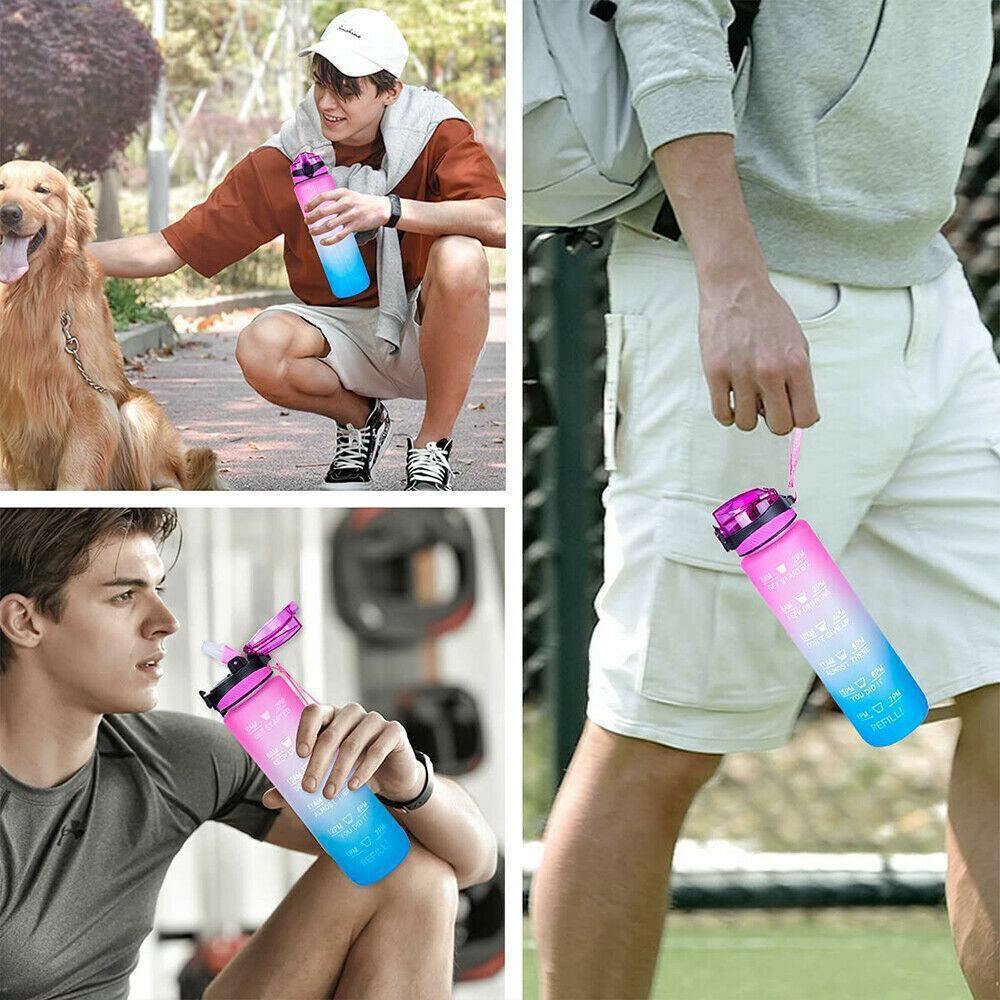 1Pc Larger Sports Water Bottle with Straw and Time Marker Plastic Motivational Water Bottle