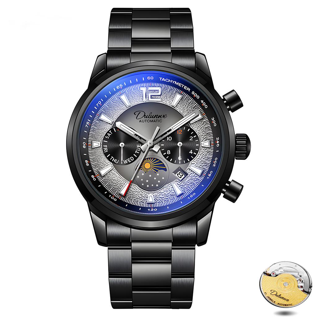 Creative Meteorite Dial Mechanical Watch Moon Phase Window Week Month Calendar Display Men's Waterproof Luminous Mechanical Watch