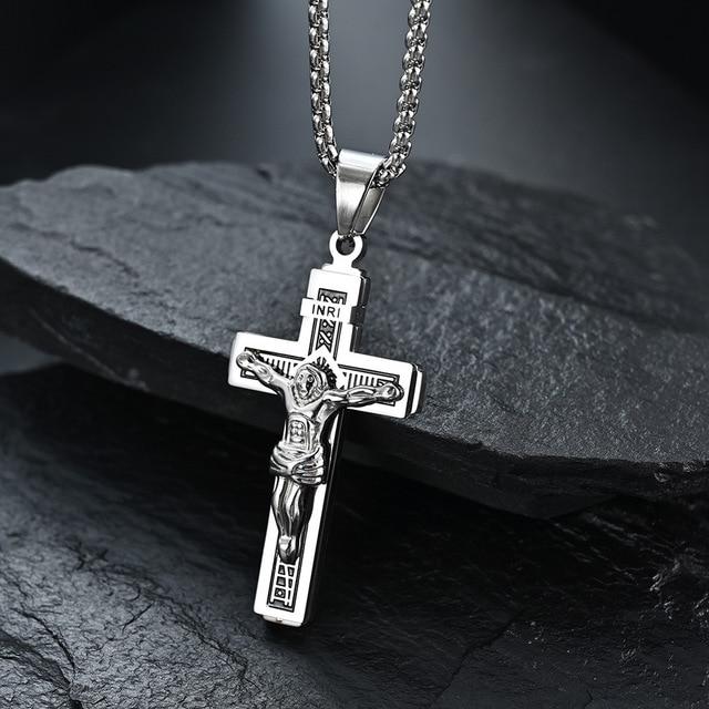Personality Jesus Cross Necklace for Men Charm Stainless Steel Jesus Prayer Male Christian Collar Lucky Accessories