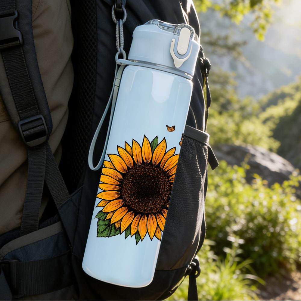 1PC Single Sunflower Bloom 750ml Color Plastic Sports Water Bottle Leakproof Flip Straw Lid For Sports Office Home Use