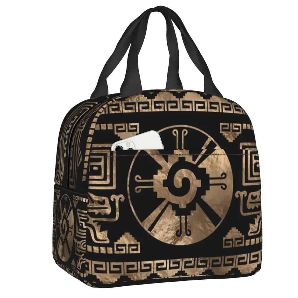 Mayan Aztec Hunab Ku Gold On Black Insulated Lunch Bag for Women Portable Cooler Thermal Lunch Box Beach Camping Travel