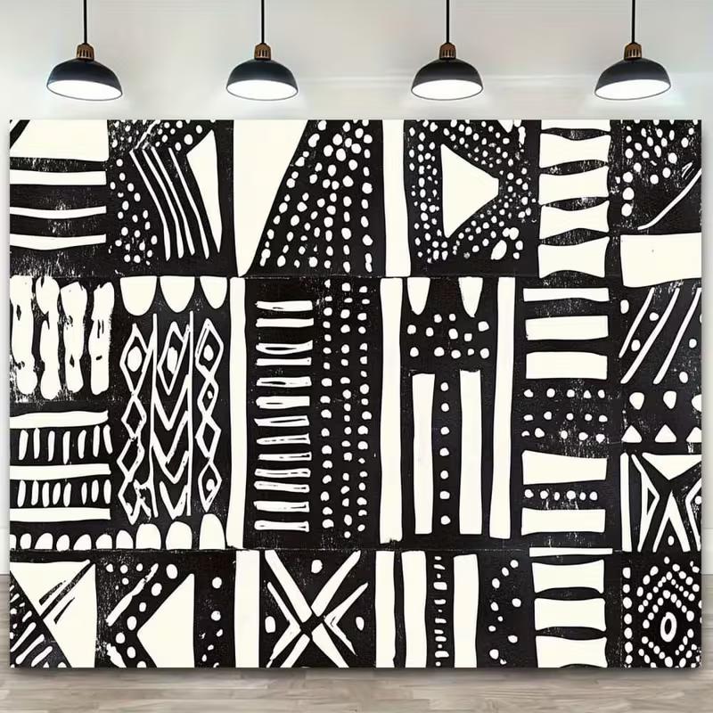 2D Black White Tribal Geometric Tapestry for Boho Room Decor