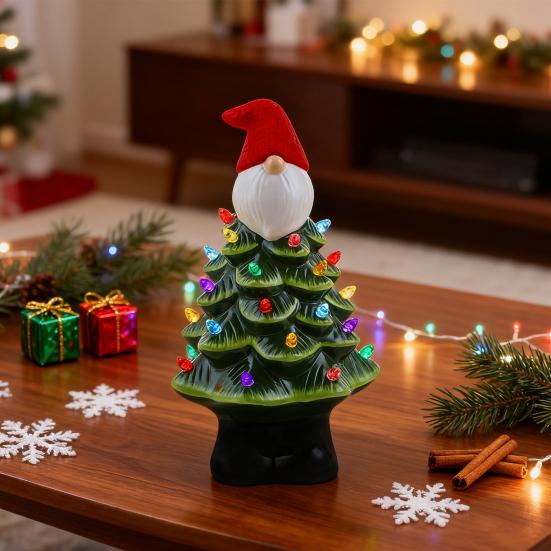 Lighted Christmas Gnome Tree Small Prelit Resin Christmas Tree with Multicolored Lights for Tabletop