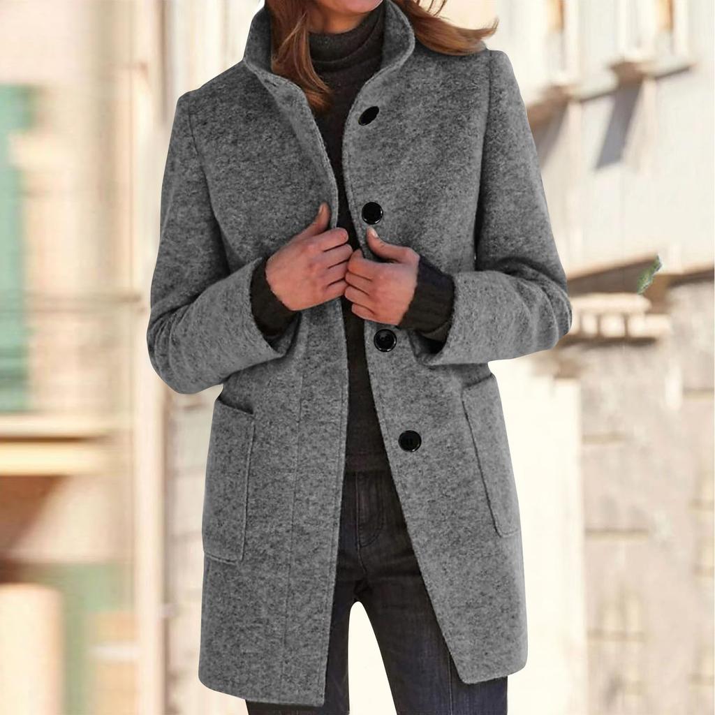 Women's Casual Coat Solid Color Long Sleeved Button Up Collar Pocket Woolen Jacket