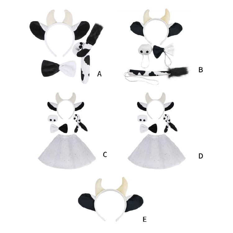 Cow Animal Costume Include Headband Tail Bowtie Nose Skirt Halloween Animal Role Play Outfit Accessory for Kid Adult