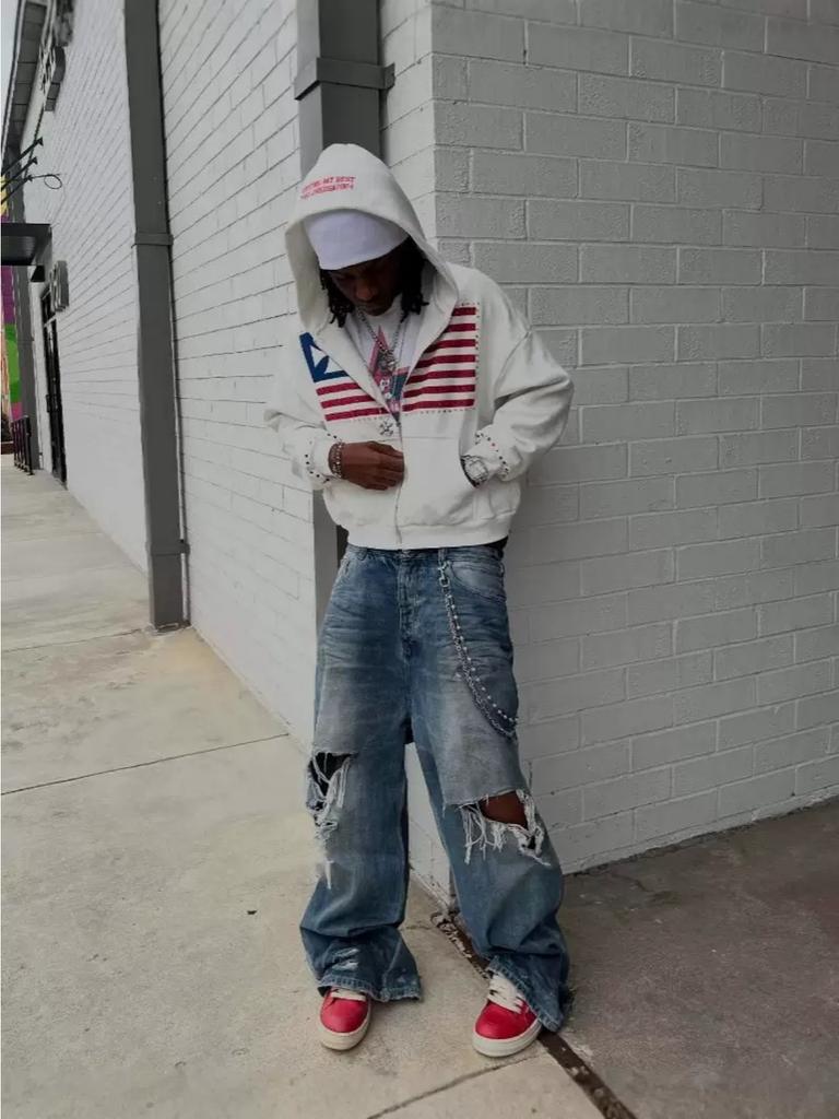 Американская мода уличная одежда готический флаг стразы вышитая молния толстовка с капюшоном Y2k сращивание большой свободный хлопковый свитшот