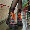 Punk Platform Mid-Calf Boots For Women Flames Embroider Biker Boots Buckles Dark Rock Punk Zipper Cosplay Platform Gothic Boots