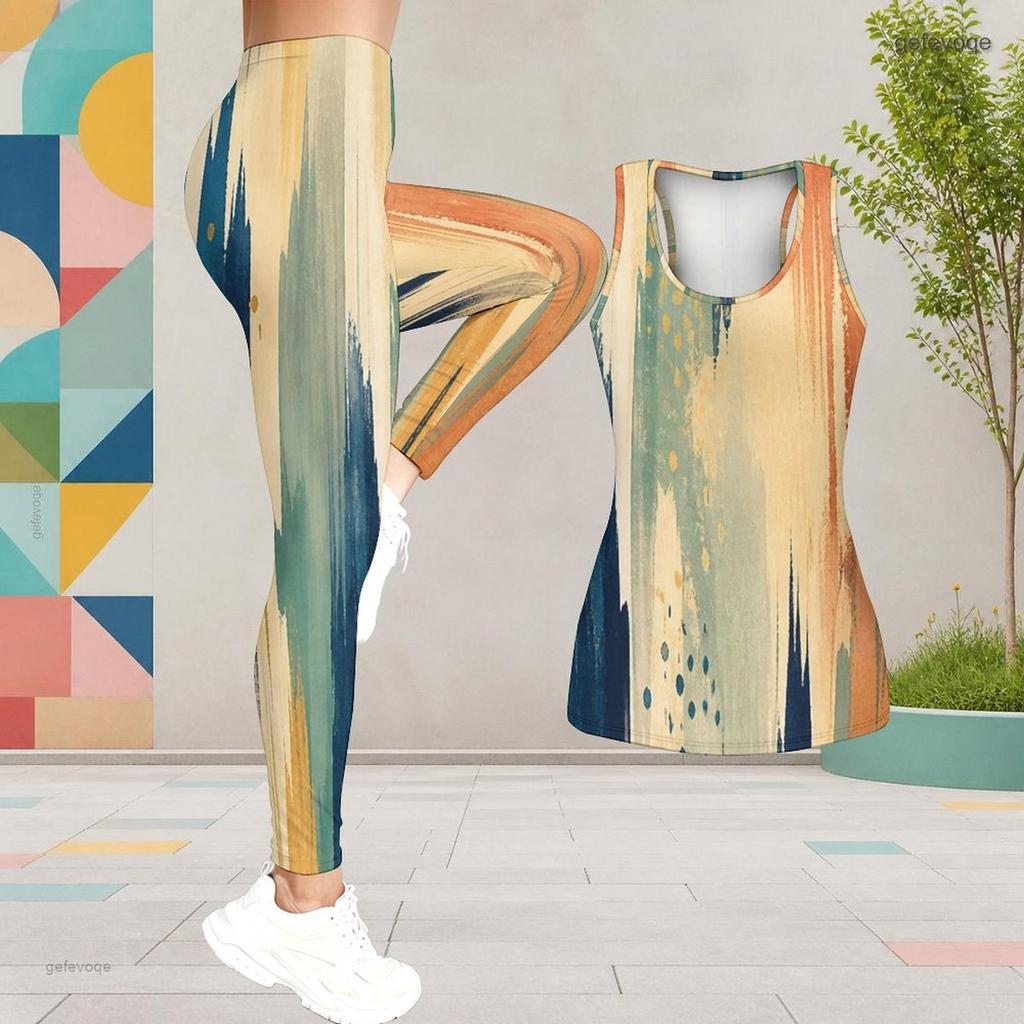Women Plus Size Two Piece Set Scoop Neck Sleeveless Dark Blue Beige Printed Tank Top Fitted Pants