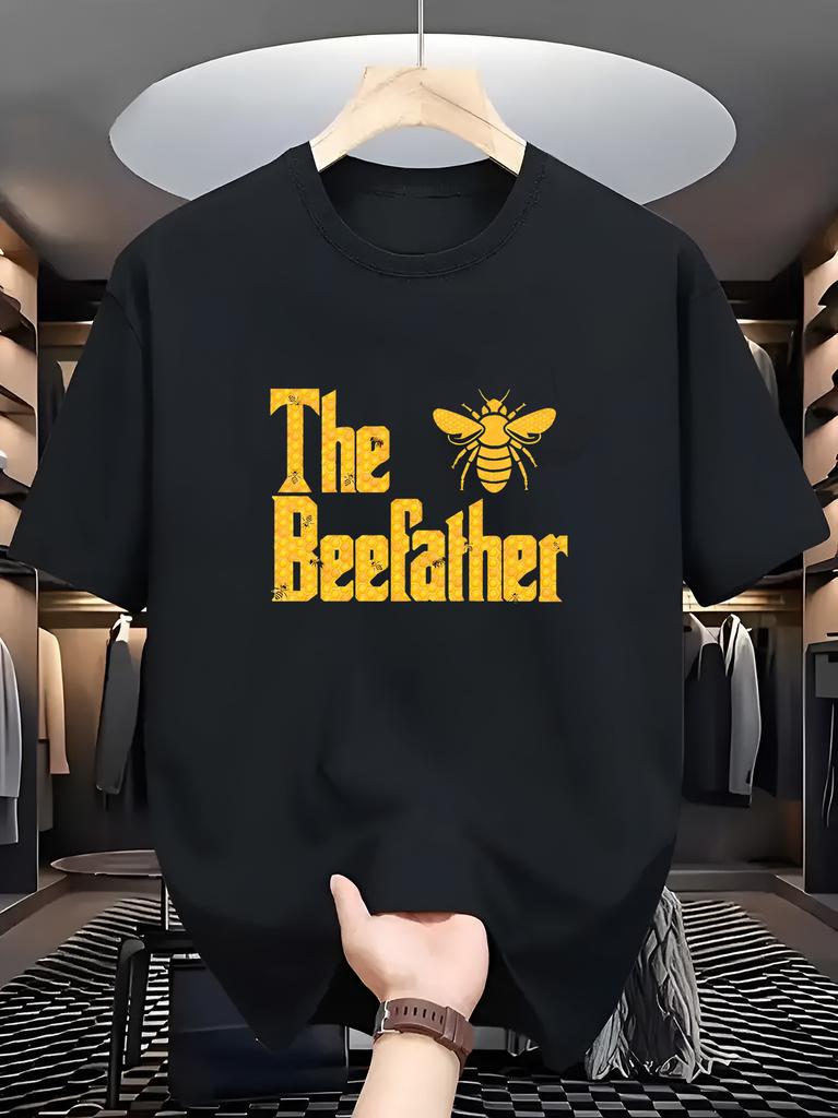 Unisex Black Tee The Bee Father Honey Bee Print Short Sleeve Loose Casual Summer Street Basic Top For Adult Male Daily Wear Outfit