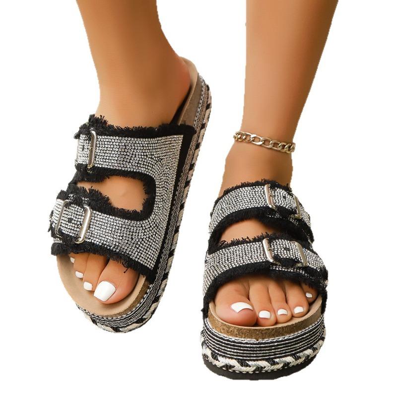 Women's Wide Width Fringe Slides, Double Buckle Platform Sandals, Rhinestone Summer Slippers for Women