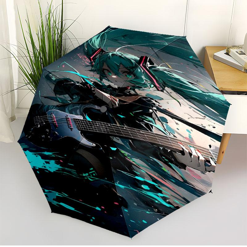 Hatsune Miku Print Automatic Open Close Umbrella, Portable Foldable Umbrella, for Outdoor Commute Camping Trip, Ideal Birthday Gift