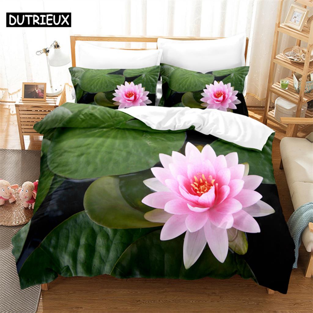 Розовый лотос Королевский комплект постельного белья Зеленый пододеяльник Детское постельное белье Цифровая печать Постельное белье Пододеяльник King Size Комплект постельного белья