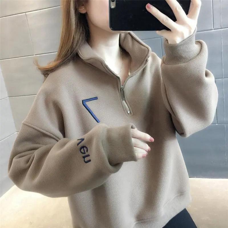 Хлопковый свитер, женский осенне-зимний свободный мягкий и утолщенный вафельный топ с застежкой-молнией, повседневный универсальный свитер