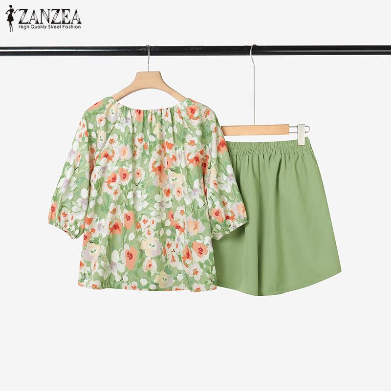 ZANZEA Женская блузка с коротким рукавом и шорты Летние костюмы-двойки с цветочным принтом