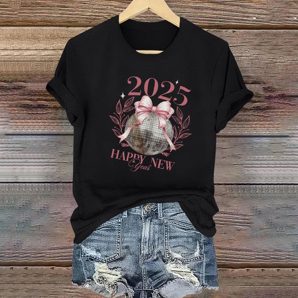 Ladies Casual 2025 New Year Printed Round Neck Short Sleeve T-Shirt Top