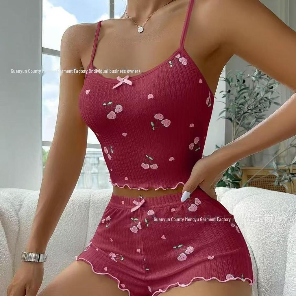 Пижамный комплект из сорочки и шорт с принтом вишни для женщин - коллекция 2024 года