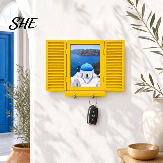 Functional Wall Decor Key Holder with Hidden Storage Shelf, Mediterranean-Style Window Frame Photo Personalized Display Stand, Entryway Organizer