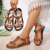 Женские летние этнические сандалии на плоской подошве, бохо-сандалии с круглым носком и бусинами для пляжа, удобная универсальная повседневная обувь на низком каблуке
