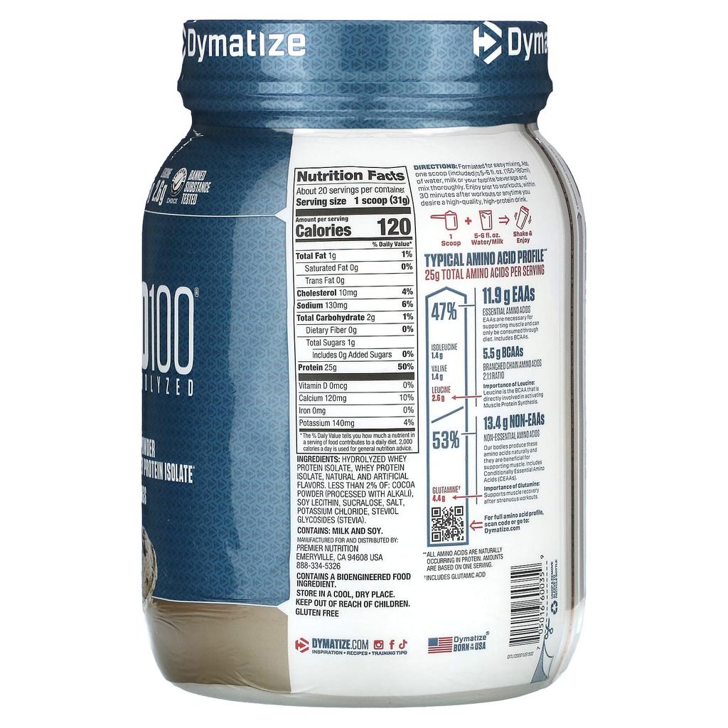 Dymatize ISO100 Hydrolyzed, 100% Whey Protein Isolate, Cookies & Cream, 620 G (1.36 Lb)