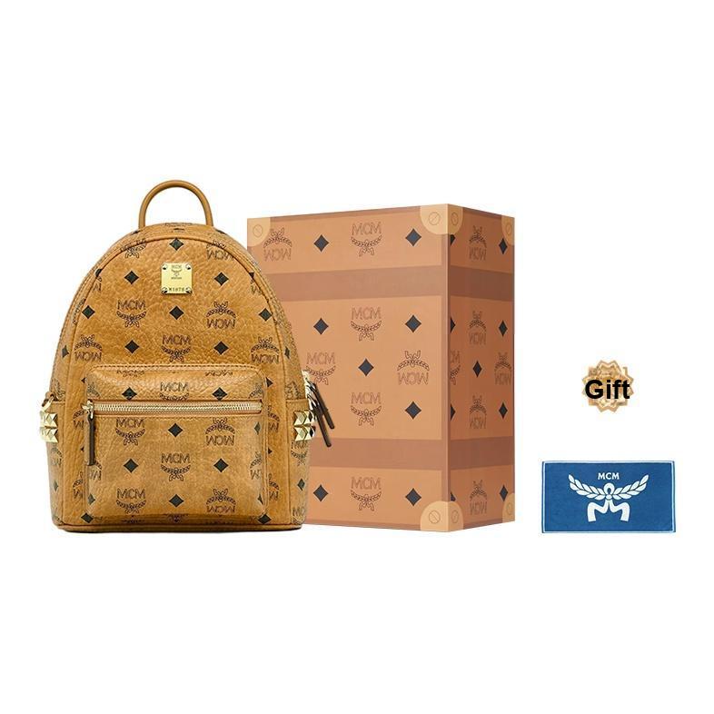 MCM Gold Tone Metal Hardware Logo Plaque Classic Pattern Canvas And Nappa Leather Backpack Mini Women backpack Cognac MMKDSVE10CO001