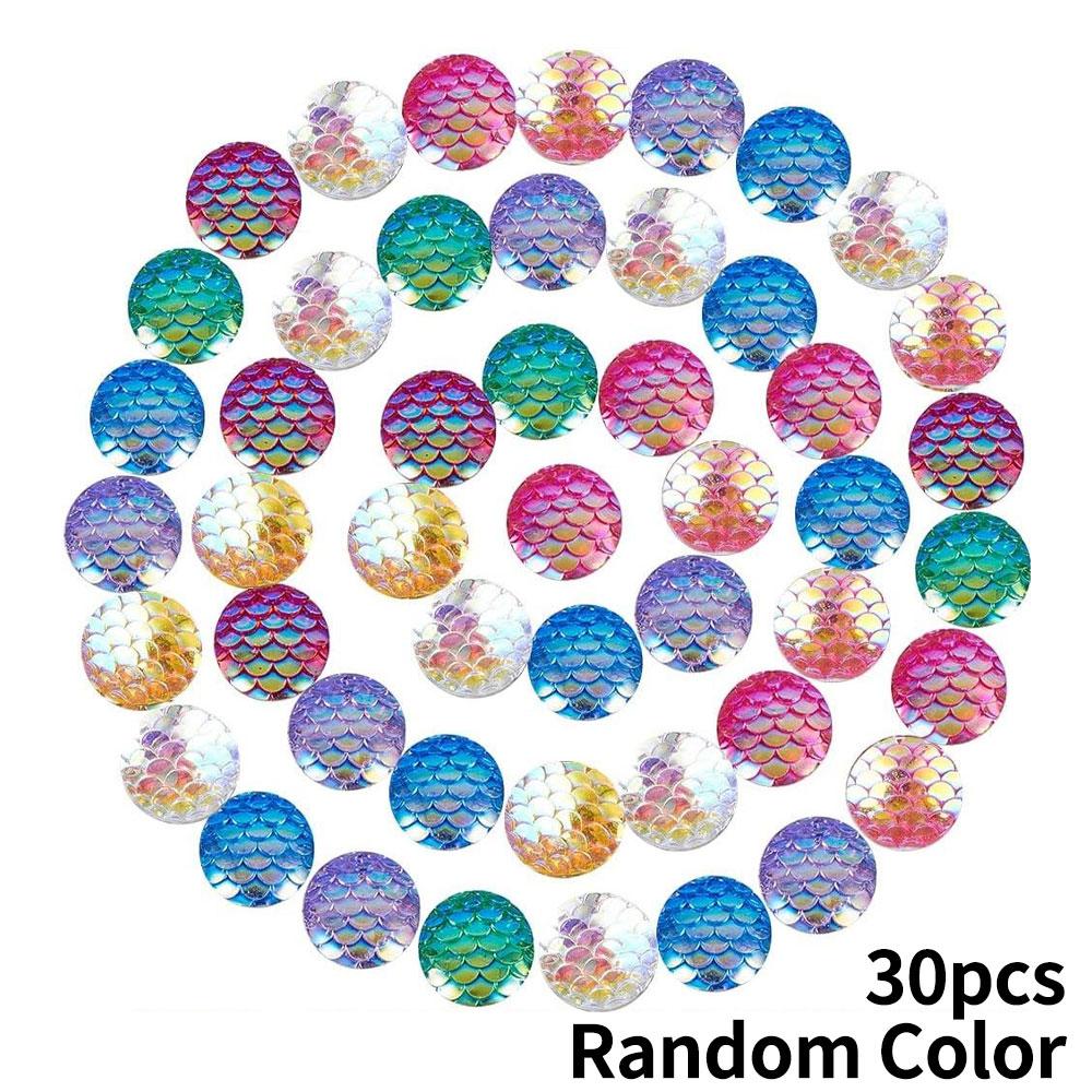 10/20/30pcs12mm Flat Back Mermaid Fish Scale Resin Cabochons Round Iridescent Sparkly Glitter Cabs for DIY Earring Bracelet Necklace Jewelry Making