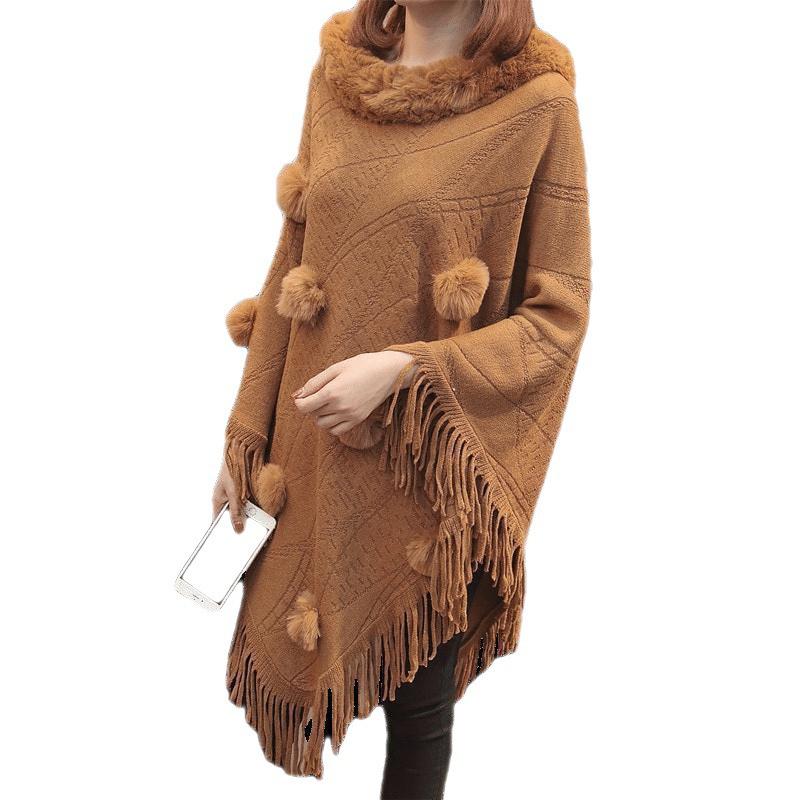 Кроличий пучок шерсти женская свободная верхняя одежда меховой воротник рубашка Бэтмен шаль окружность теплая бахрома накидка тип вязаная шаль для женщин