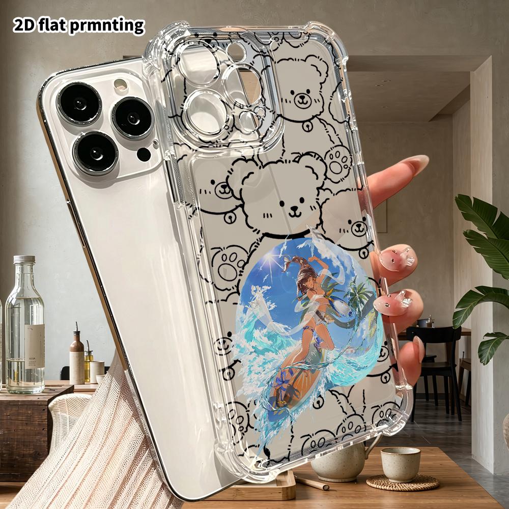 Phone case: 2D flat suitable for iPhone 18 17 16 15 14 13 Pro, transparent four corner protective case, surfing girl, Christmas and Halloween gifts