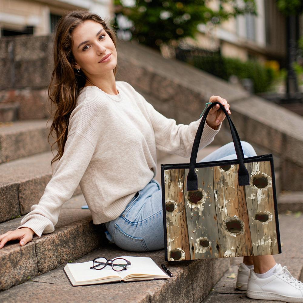 Vintage Wood Print Tote Bag Casual Large Capacity Handbag for Daily Use