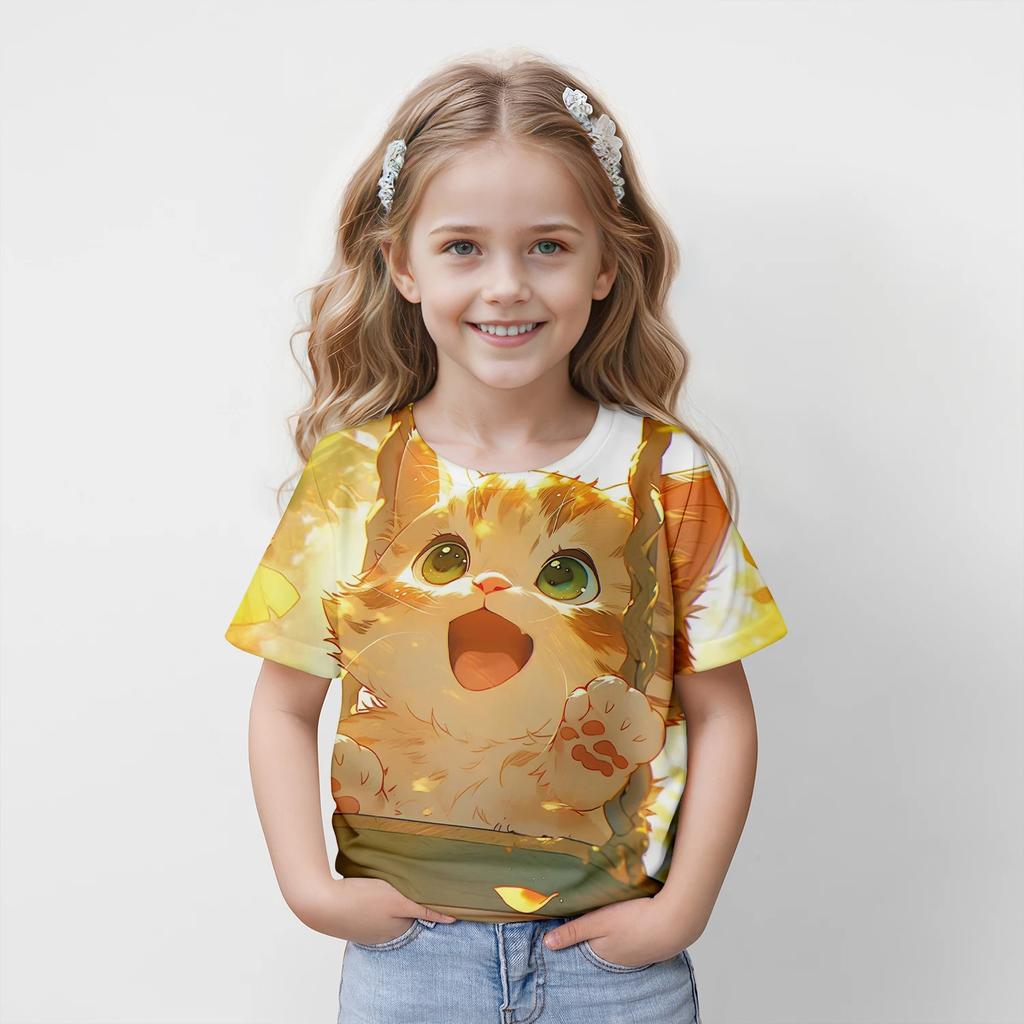 Летняя детская футболка с 3D-принтом и милым мультяшным котом, модные топы, футболки, детская одежда с коротким рукавом для мальчиков и девочек, уличная одежда Hot Wheels