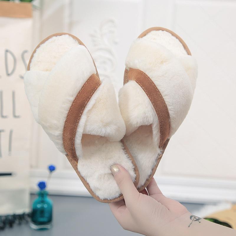 Women Autumn Winter The New Korean Version of The Cross-haired Slippers Indoor Plush Floor Drag Open-toed One-word Slippers