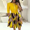 Ladies Dress Zipper Decor Belted Tight Waist Color Matching Print Round Neck Pockets Three Quarter Sleeve A-line Loose Hem Spring Fall Mini Dress