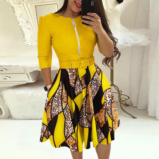 Ladies Dress Zipper Decor Belted Tight Waist Color Matching Print Round Neck Pockets Three Quarter Sleeve A-line Loose Hem Spring Fall Mini Dress