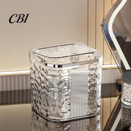 Small Trash Bin for Desk Desktop Can with Pop-Up Lid, Transparent Glacier Texture Waste Compact Bedroom Bin, Plastic Garbage Container Bathroom Office