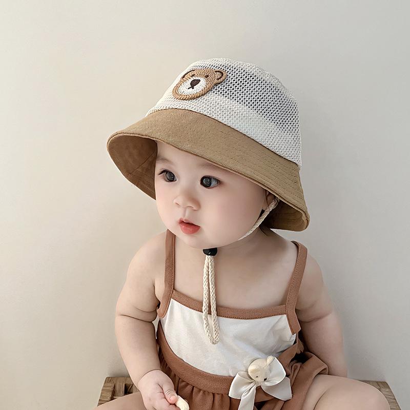 Cute Cartoon Bear Baby Bucket Hat Summer Mesh Breathable Fisherman Cap for Kids Boys Girls Wide-brim Adjustable Sun Hats