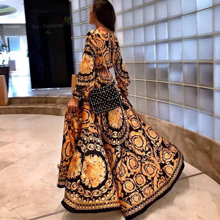 Бохо Летний Женский Макси-Сарафан с V-образным Вырезом и Принтом