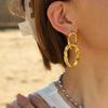 Vintage Gold Color Double Circle Dangle Earrings Waterproof Link-shape Lava Textured Huggie Large Ear Stud Statement Zircon
