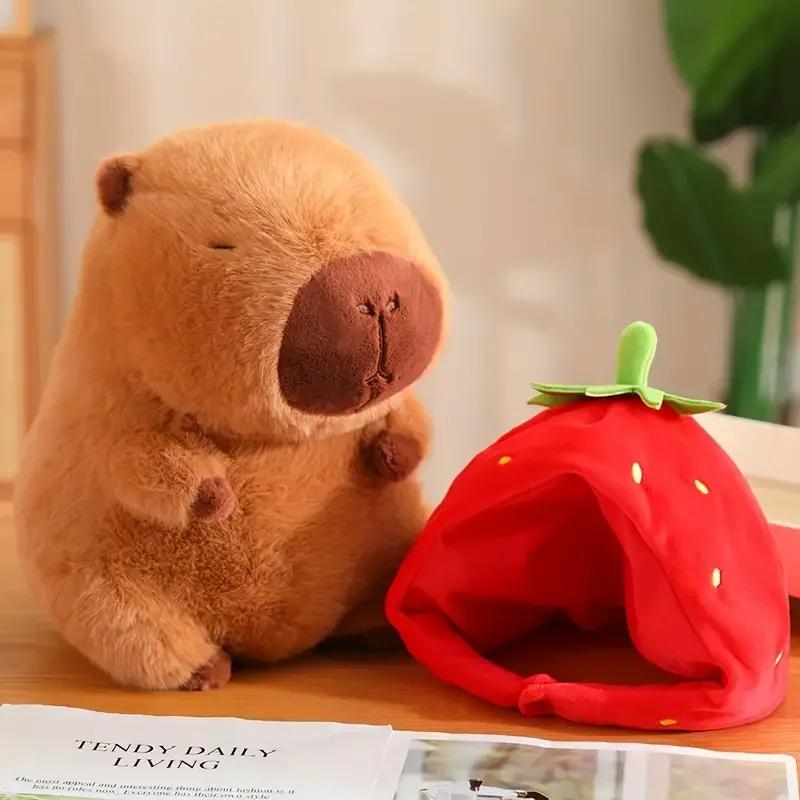 Strawberry Hat Capybara Plush Toy Simulation Turtle Backpack Capibara Stuffed Animals Papa Hand Circle Ring Small Size Pendant