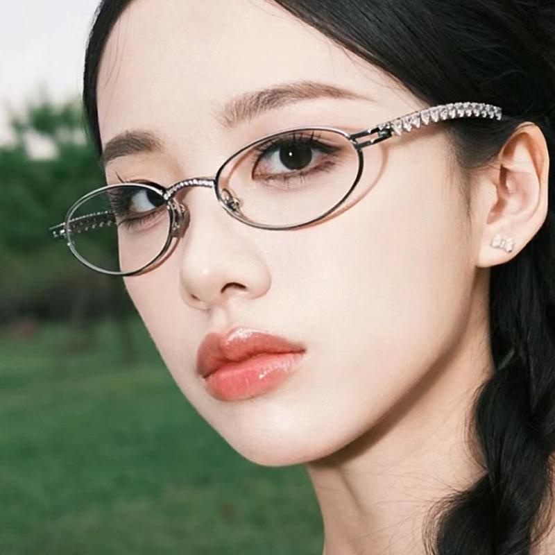 Pure Desire Oval Glasses Frame, Pearl Inlaid With Diamonds, Small Face Frame, Flat Glasses, Advanced Sense Plain Glasses Frame