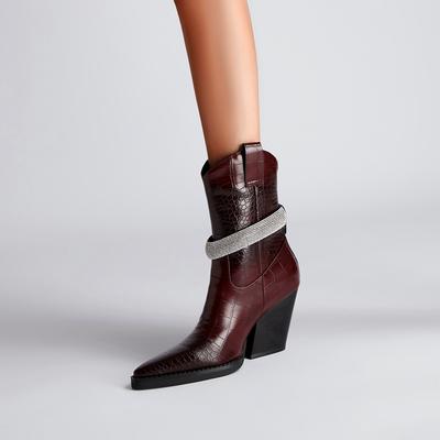 Модные Kaky's Новые Остроносые Камни Вода Бриллиант Толстый Высокий Каблук Большие Женские Сапоги Короткие Сапоги Сапоги в Западном Стиле