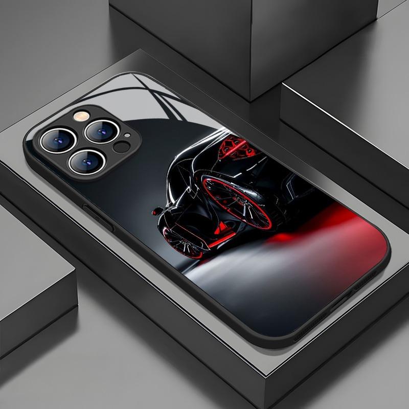 Черный Стильный Чехол для Телефона из Стекла с Рисунком Автомобиля для iPhone 17 Pro Max 11 12 13 14 15 16 Pro 16E 17Air 7 8 15 Plus XR XS X