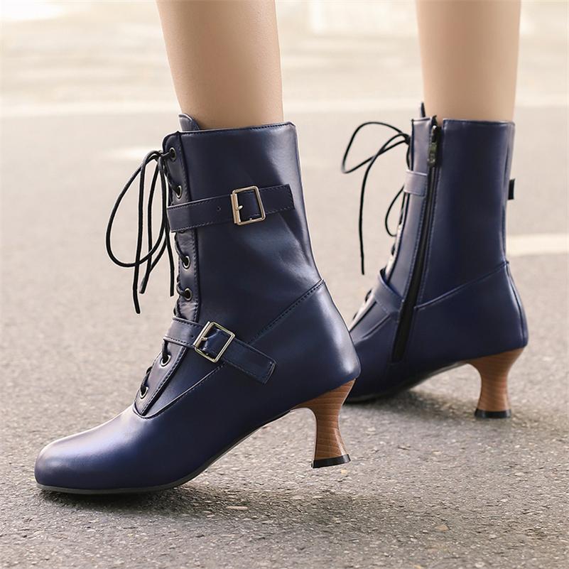 FOREADA Женские ботильоны с круглым носком, на высоком каблуке-рюмочке, на шнуровке с пряжкой, на молнии, короткие ботинки, женская модная обувь, зимние, зеленые, белые, 46